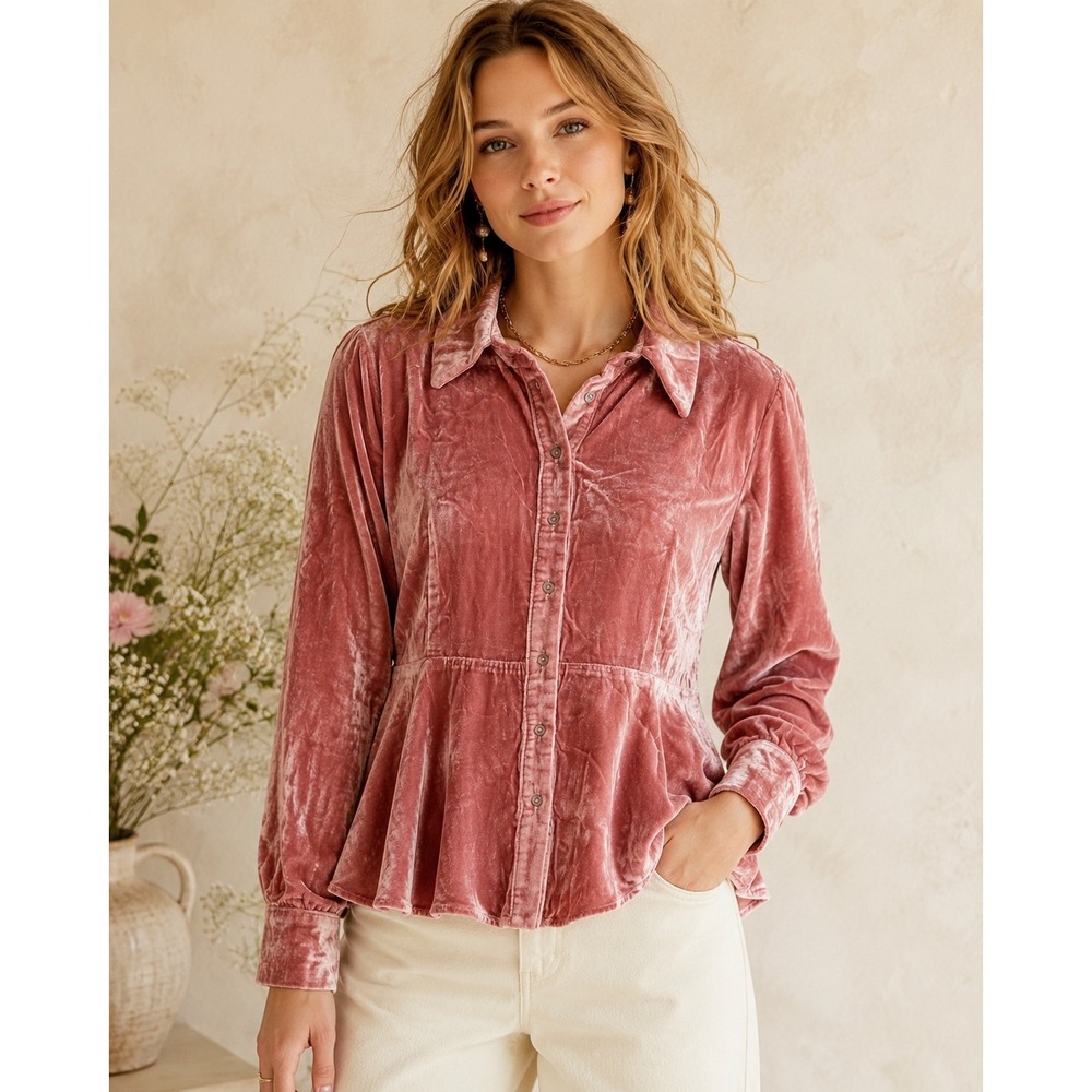 HD in Paris Anthropologie Pink Velvet Peplum Blouse XL Romantic Coquette